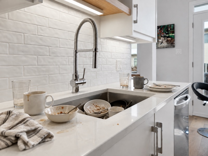 A kitchen sink full of dirty dishes