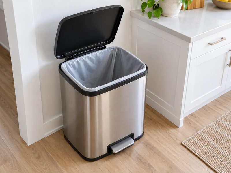 An emptied kitchen bin with its lid open